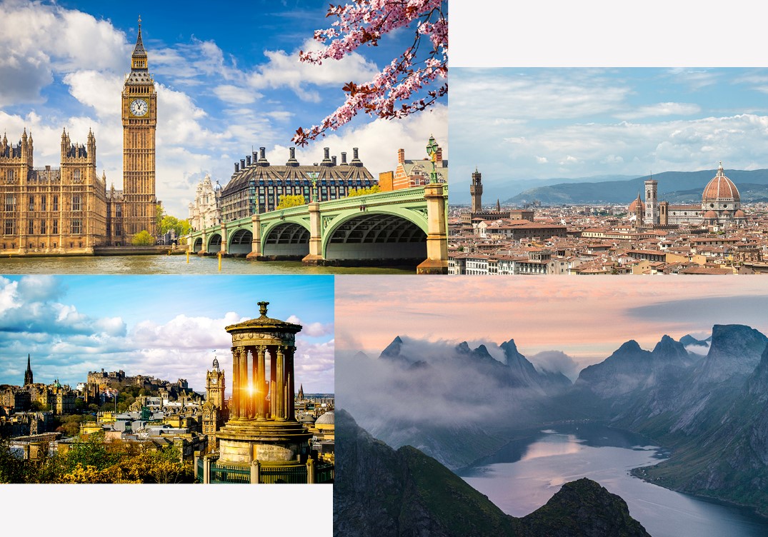 A collage of landscape and cityscapes.