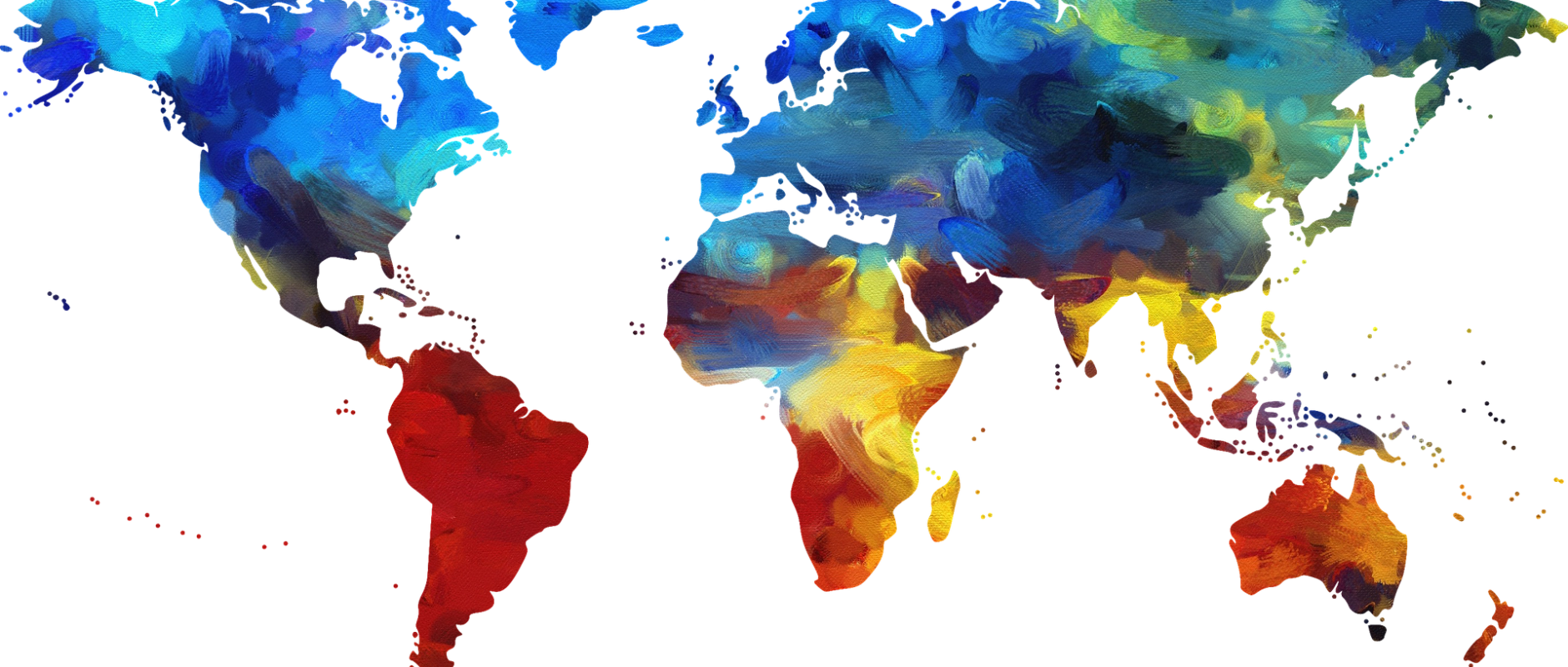 Full map of world with tie dye colors highlighting the land
